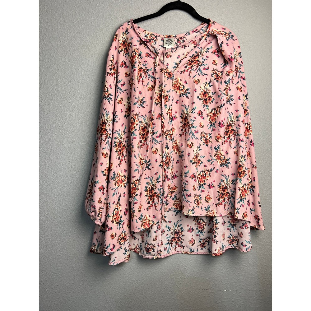 Ivy Jane Boho Artsy‎ Womens Pink Floral Tie Neck High Low Blouse XS Made in USA